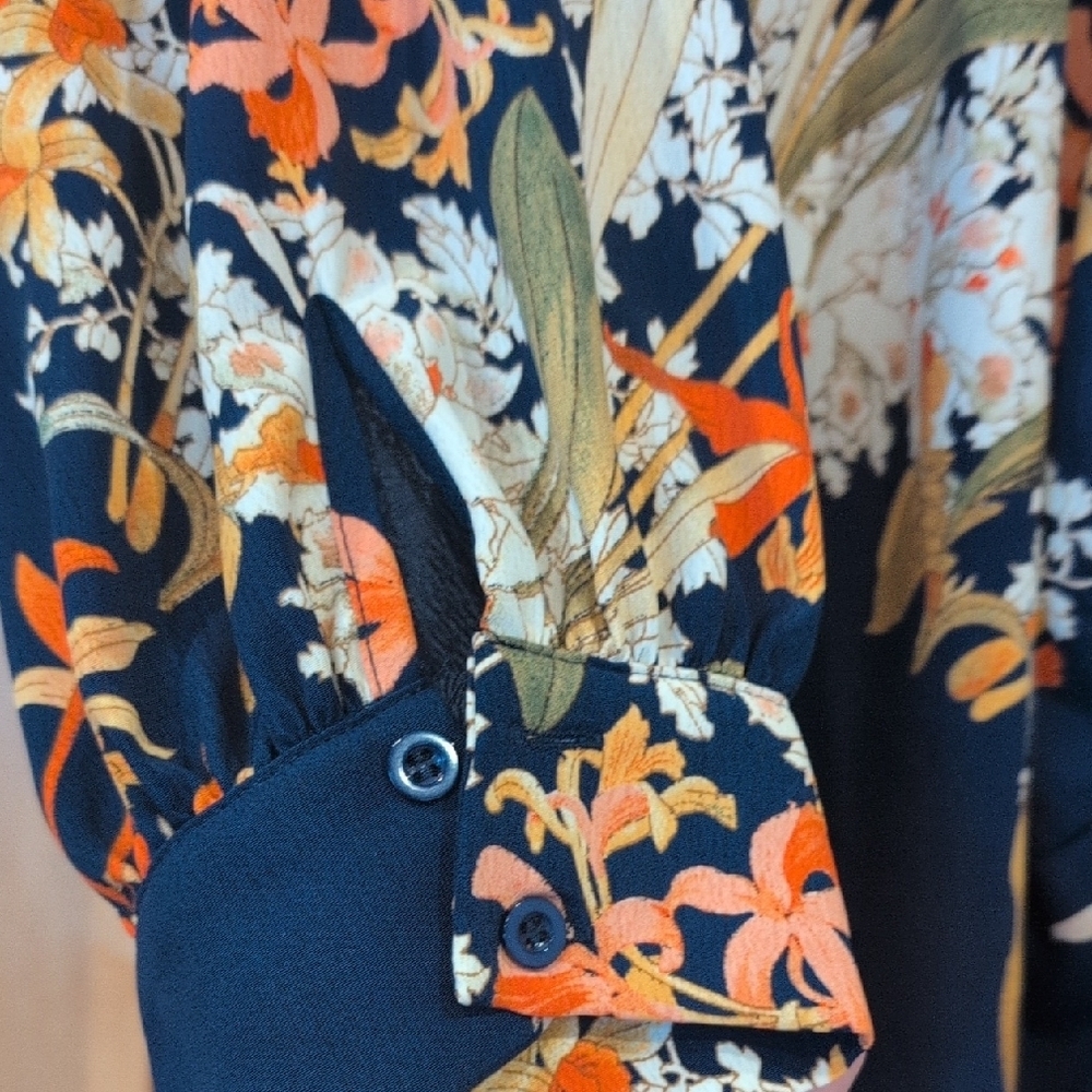 Suzanne Betro Floral Wrap Blouse in Navy and Orange - Picture 3 of 7